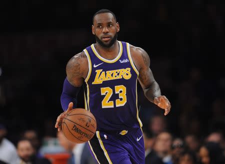 March 6, 2019; Los Angeles, CA, USA; Los Angeles Lakers forward LeBron James (23) moves the ball against the Denver Nuggets during the second half at Staples Center. Gary A. Vasquez