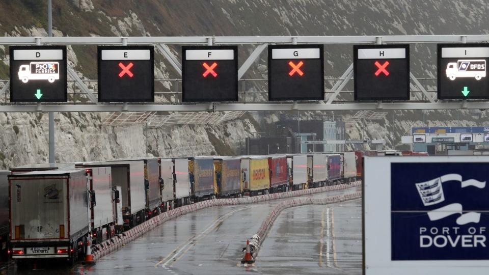 Lastwagen stehen Schlange vor dem Check-in des Terminals am Hafen von Dover in Großbritannien (Archiv).