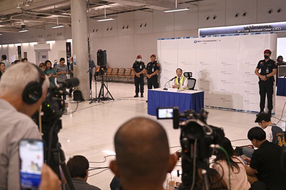 Kittipong Kittikachorn, director of Suvarnabhumi Airport, speaks during a news conference at the airport in Bangkok on May 21, 2024 about the emergency landing of the Singapore Airlines flight SQ321 from London to Singapore.