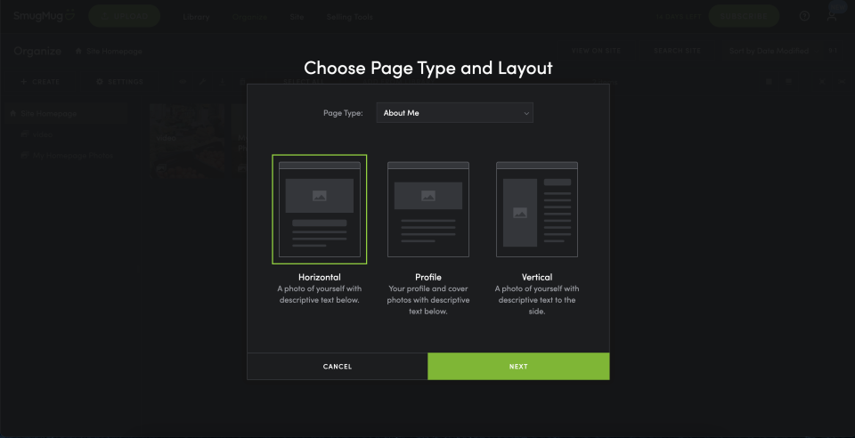 Screenshots from the SmugMug website builder