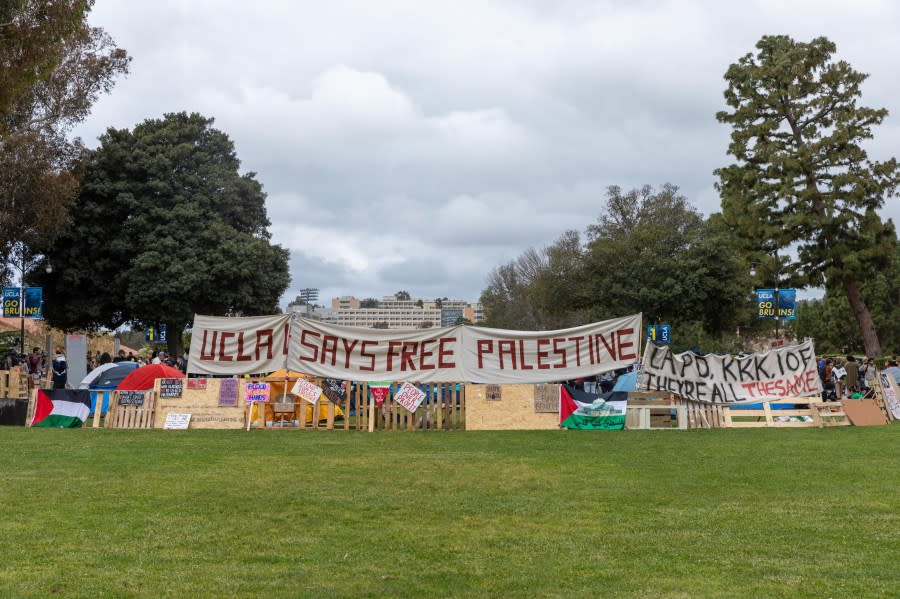 LOS ANGELES, CALIFORNIA – APRIL 25: Students encampment protest at the University of California, Los Angeles in solidarity with Palestinian people, in Los Angeles, California, United States on April 25, 2024. (Photo by Grace Yoon/Anadolu via Getty Images)