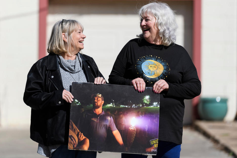 Connie Vickers and Nancy Presnall, best friends and rare Democrats in conservative Enid, confronted Blevins about his white nationalist ties.
 (Michael Noble Jr. for NBC News)