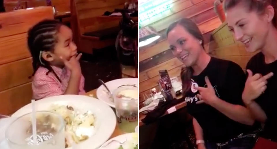 Octavius Mitchell, 4, who is hearing impaired, smiles as waitresses use sign language to sign happy birthday to him at the Texas Roadhouse in Tennessee. Source: Facebook/ Shatika Montreishiya