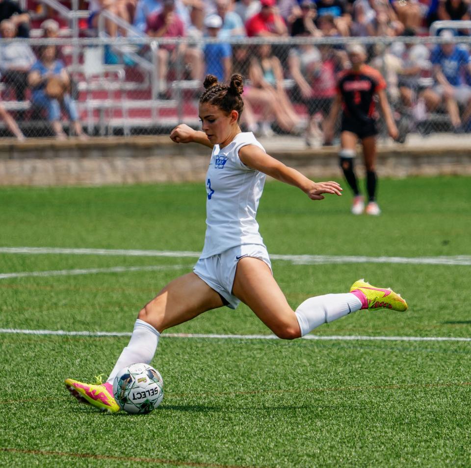 Elyse Leinweber leads Whitefish Bay in the WIAA Division 2 girls state soccer championship against Oregon last June. Bay is off to 2-0-2 start this season and is No. 1 in our area rankings.