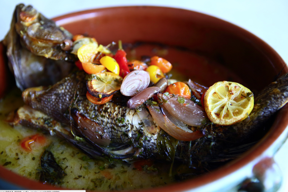 Mediterranean black sea bass (oven roasted Mediterranean sea bass, seasonal vegetables)