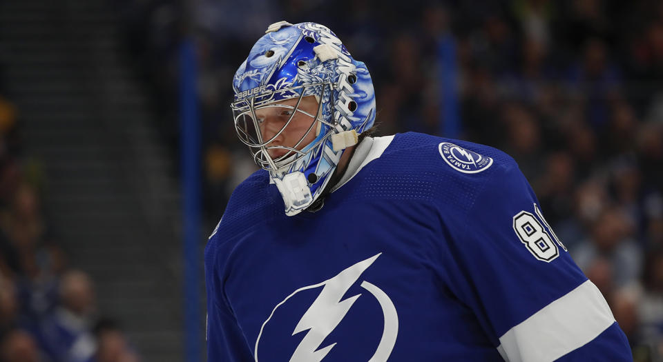 TAMPA, FL - OCTOBER 23: Tampa Bay Lightning goaltender Andrei Vasilevskiy (88) skates during the NHL game between the Pittsburgh Penguins and Tampa Bay Lightning on October 23, 2019 at Amalie Arena in Tampa, FL. (Photo by Mark LoMoglio/Icon Sportswire via Getty Images)