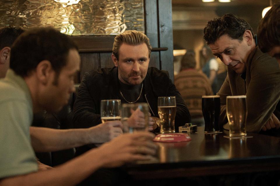 L-R Ricci Mcleod as Pete, Emun Elliot as Don, James McArdle as Gal Dove, John Dagleish as Aitch, Kyle Rowe as Larryon in Sexy Beast, episode 1, season 1. Photo Credit: Matt Towers/Paramount+.