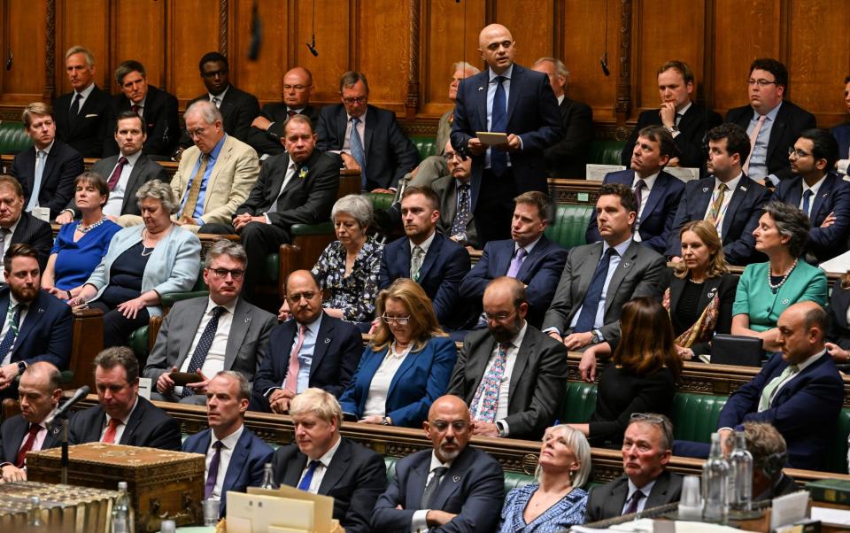 Sajid Javid delivers his speech condemning the Prime Minister. Tory colleagues both on the front and back benches are now lining up bids to replace Boris Johnson