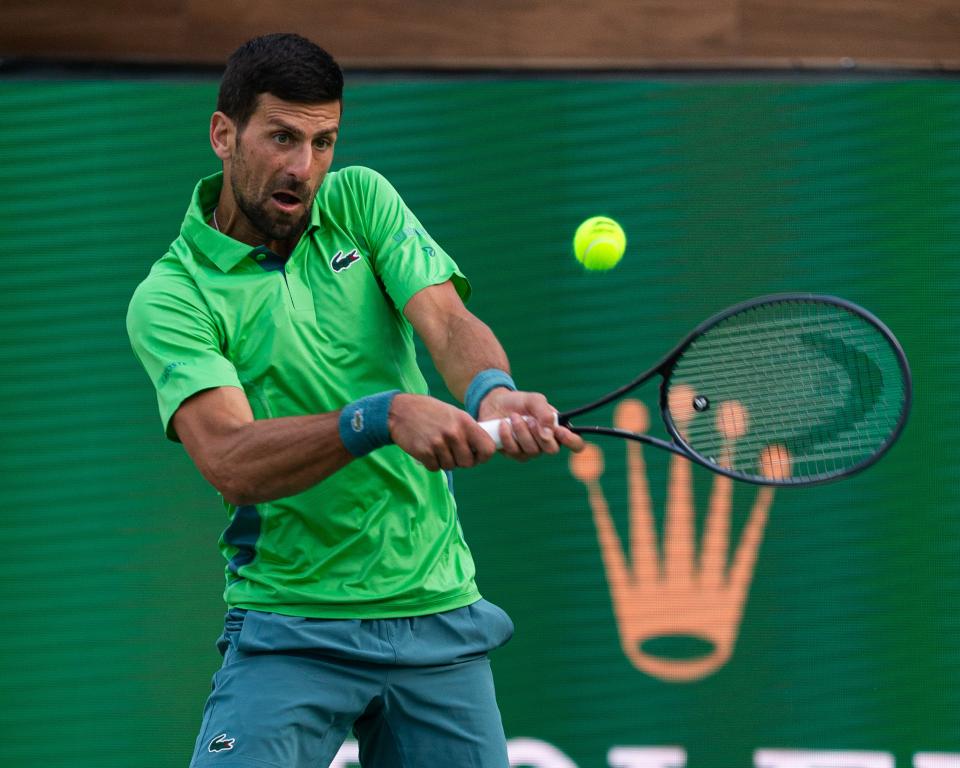 Novak Djokovic returns against Aleksandar Vukic at the BNP Paribas Open in Indian Wells Tennis Garden, California, on March 9, 2024.