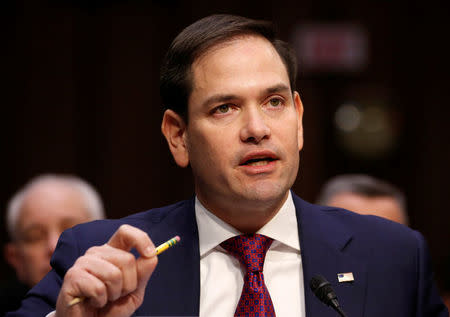 Senator Marco Rubio (R-FL) testifies to the Senate Judiciary Committee during a hearing about legislative proposals to improve school safety in the wake of the mass shooting at the high school in Parkland, Florida, on Capitol Hill in Washington, U.S., March 14, 2018. REUTERS/Joshua Roberts