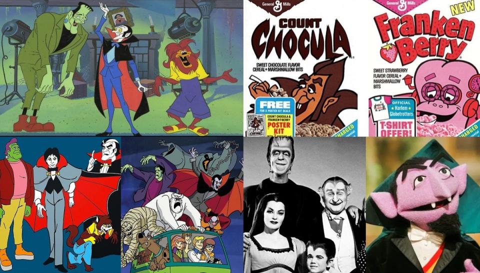 Characters from the animated series Groovie Ghoulies, boxes of General Mills' Monster Cereals, the '80s cartoon Drac Pack, Scooby-Doo and friends, the 1964 TV series The Munsters, and Count Von Count from Sesame Street. 