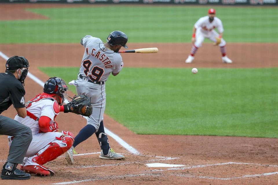 Tigers shortstop Willi Castro hits a single during the fourth inning in the second game of a doubleheader against the Cardinals on Thursday, Sept. 10, 2020, in St. Louis.