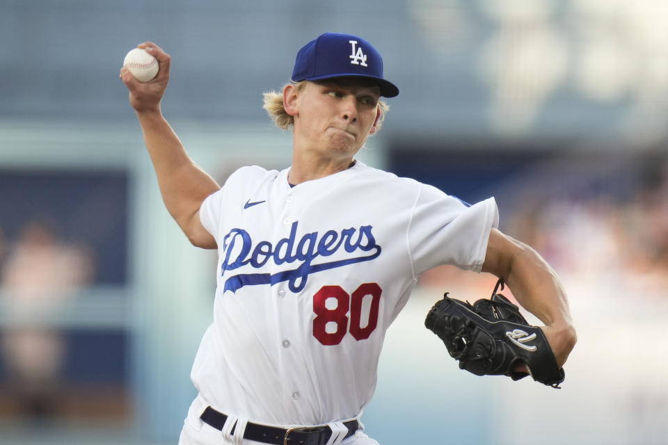 Los Angeles Dodgers starting pitcher Emmet Sheehan throws against the Houston Astros during the first inning of a baseball game Friday, June 23, 2023, in Los Angeles. (AP Photo/Jae C. Hong)