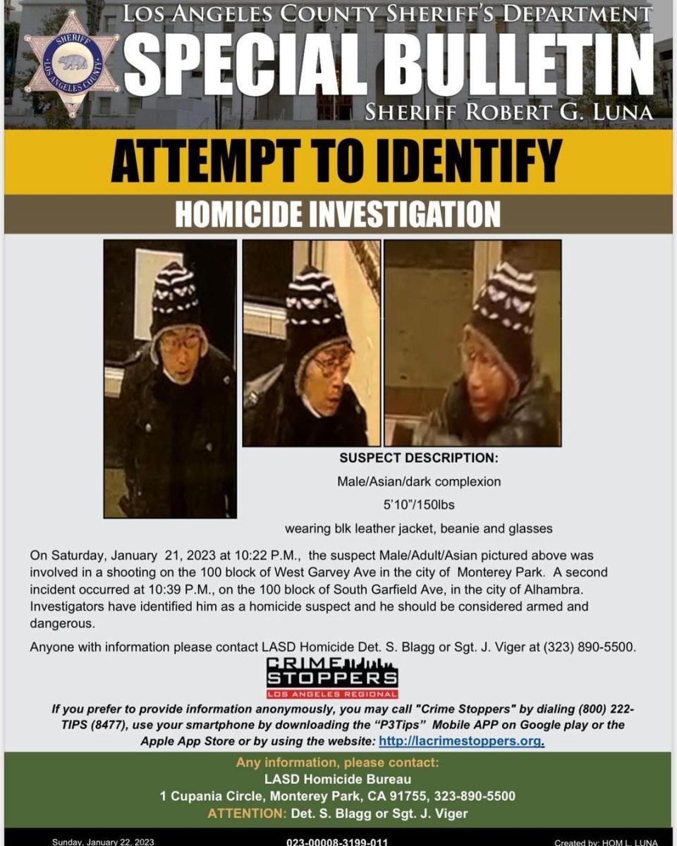 Image released by the Los Angeles County Sheriff's Department of a suspect in possibly two shooting incidents in California.