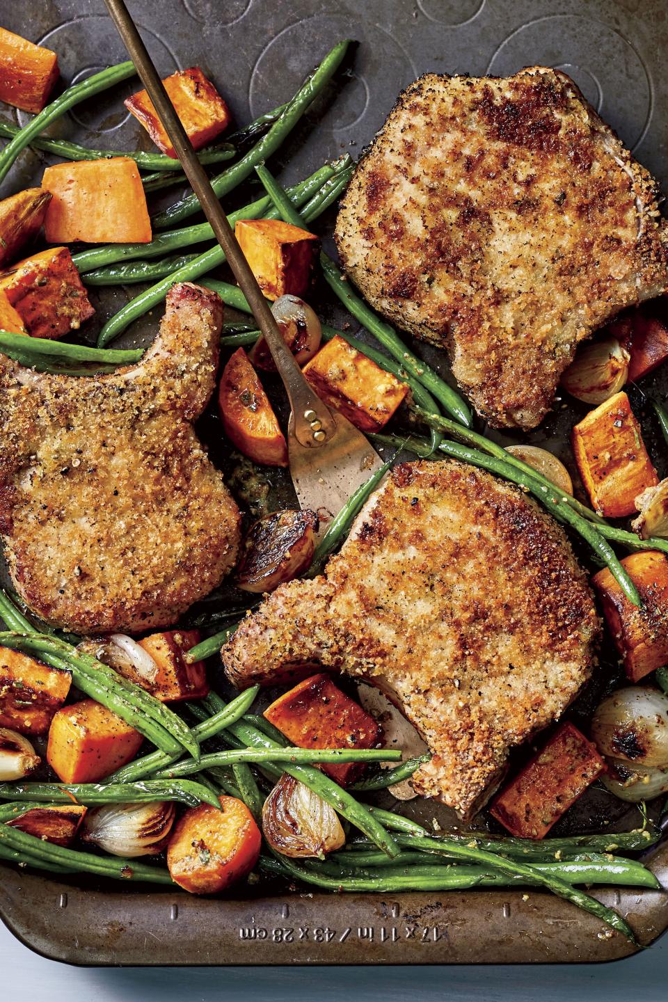 Oven-Fried Pork Chops with Sweet Potatoes and Green Beans