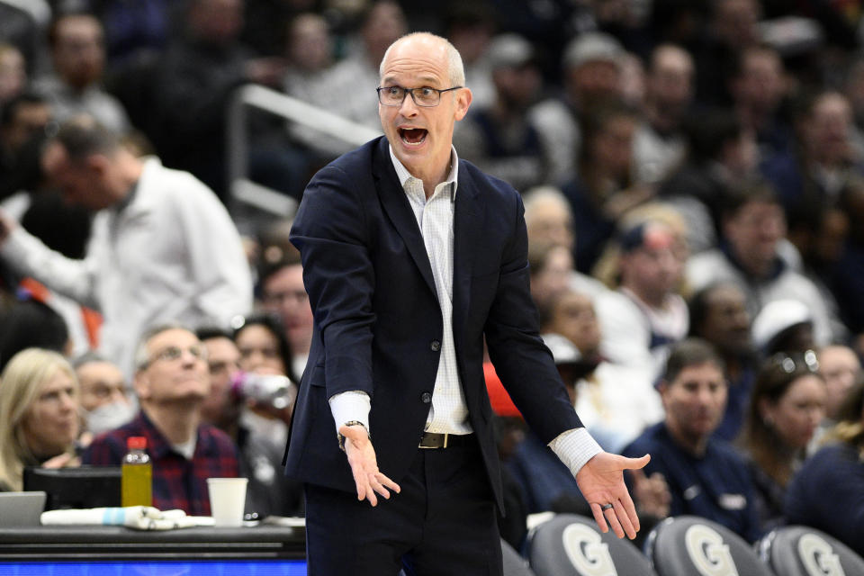 Connecticut head coach Dan Hurley reacts during the second half of an NCAA college basketball game against Georgetown, Saturday, Feb. 4, 2023, in Washington. Connecticut won 68-62. (AP Photo/Nick Wass)