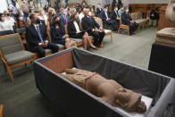 Some of the Cambodian antiquities recovered by the United States Attorney's Office are displayed during a news conference in New York, Monday, Aug. 8, 2022. Officials were announcing the repatriation of 30 antiquities to Cambodia that had been illegally trafficked. (AP Photo/Seth Wenig)