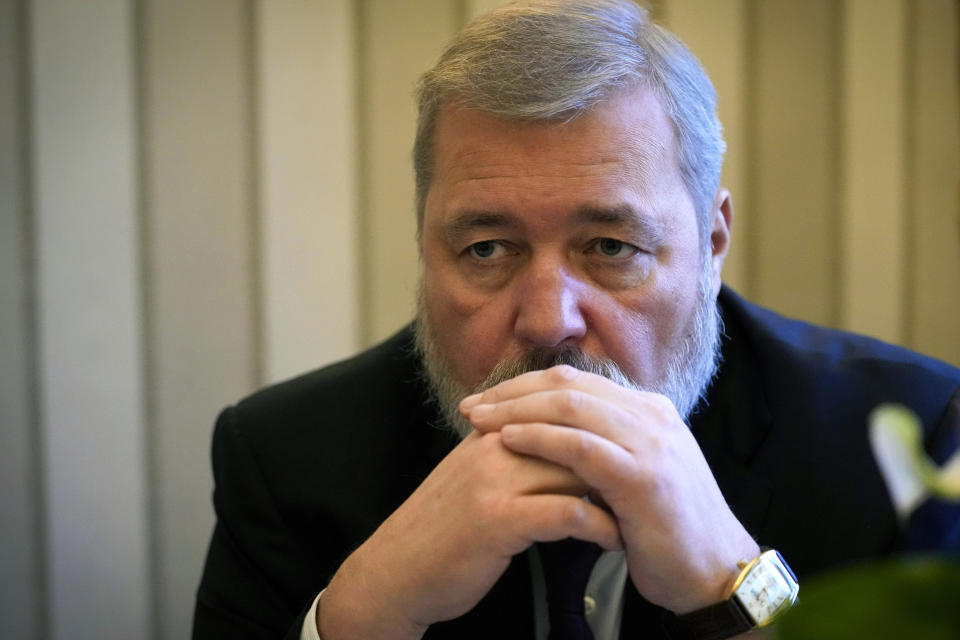 FILE - Nobel Peace Prize winner Dmitry Muratov from Russia poses for a photo as he works on his speech at his room in The Grand Hotel in Oslo, Norway Thursday, Dec. 9, 2021. This year’s Nobel season approaches as Russia’s invasion of Ukraine has shattered decades of almost uninterrupted peace in Europe and raised the risks of a nuclear disaster. The famously secretive Nobel Committee never leaks or hints who will win its prizes for medicine, physics, chemistry, literature, economics or peace. So it is anyone’s guess who might win the awards that will be announced starting next Monday, Oct. 3, 2022. (AP Photo/Alexander Zemlianichenko, File)