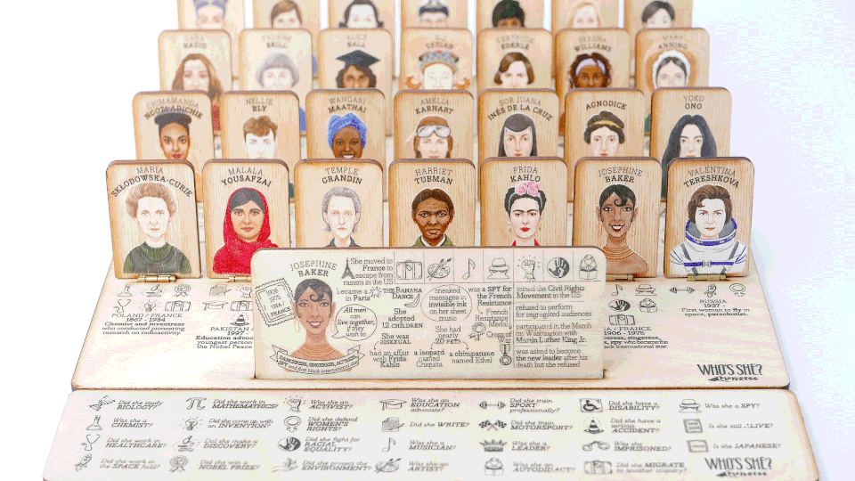 Much like the original tabletop game, two players receive identical laser cut wooden boards with doors that reveal 28 hand-painted portraits of women who represent a variety of professions, nationalities and ages from past and present. (Photo: Playeress)