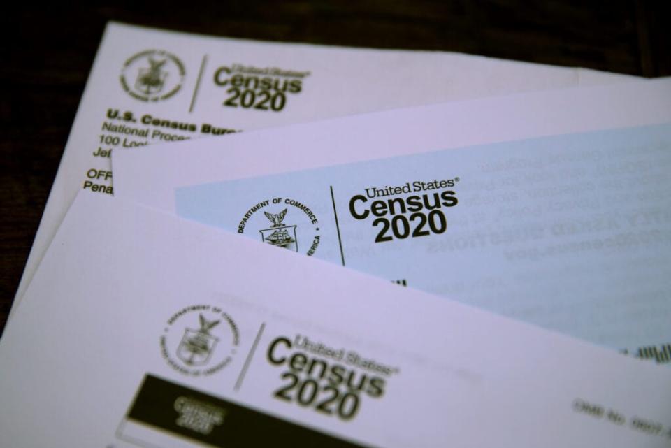 The U.S. Census logo appears on census materials received in the mail with an invitation to fill out census information online on March 19, 2020 in San Anselmo, California. (Photo Illustration by Justin Sullivan/Getty Images)