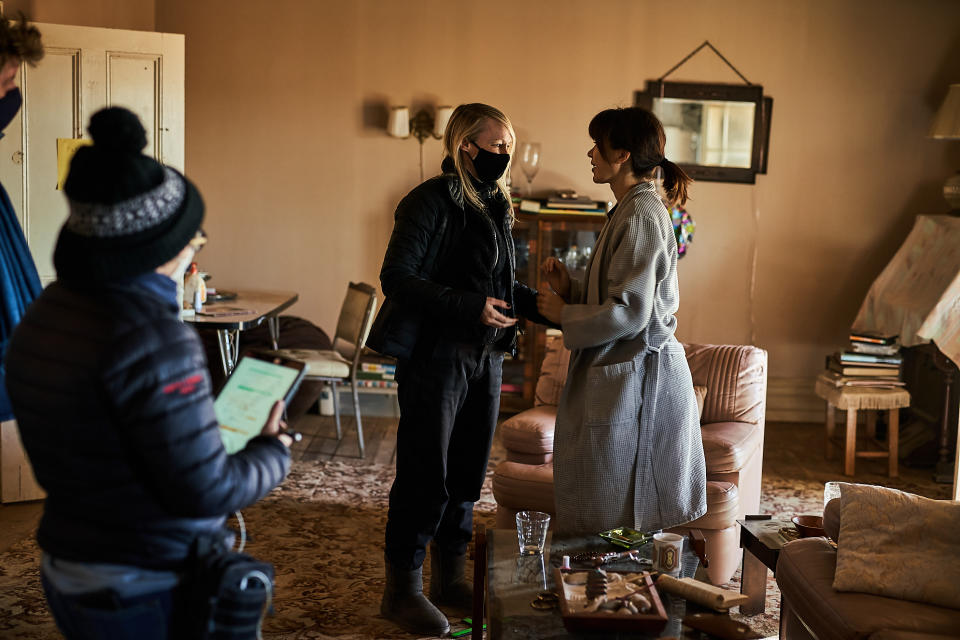 Kitty Green giving direction to Jessica Henwick on the set of The Royal Hotel. (Universal Pictures)