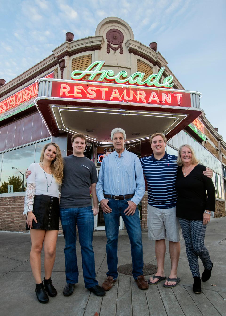 The Zepatos family, from left, Kelcie, Jeff, Harry, Michael, Karan who run the Arcade Restaurant, seen here outside of their business on Tuesday, Nov. 6, 2018. 