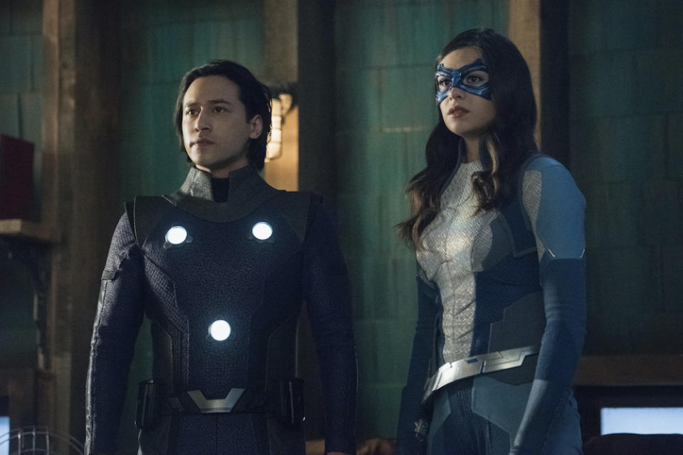 Brainiac-5 (Jesse Rath) and Dreamer (Nia Nal) team up in Supergirl. (Warner TV)