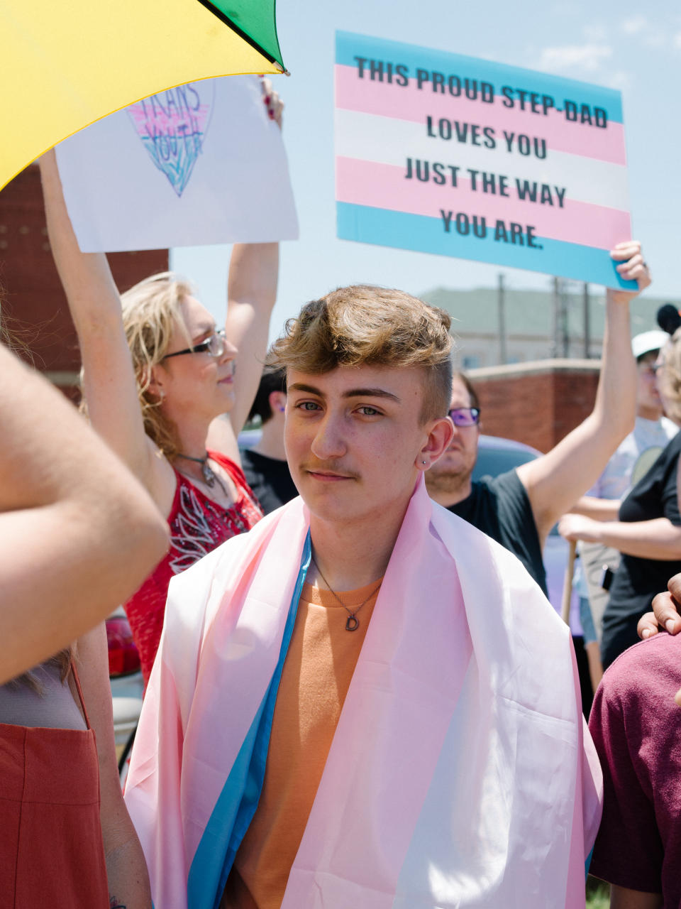 Fifteen-year-old Dylan Brandt, one of the four trans children represented in the ACLU's lawsuit, at a protest earlier this year.<span class="copyright">Courtesy of the ACLU/Rana Young</span>