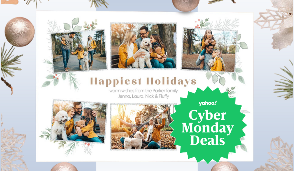 a holiday card with a badge that reads: Yahoo! Cyber Monday Deals