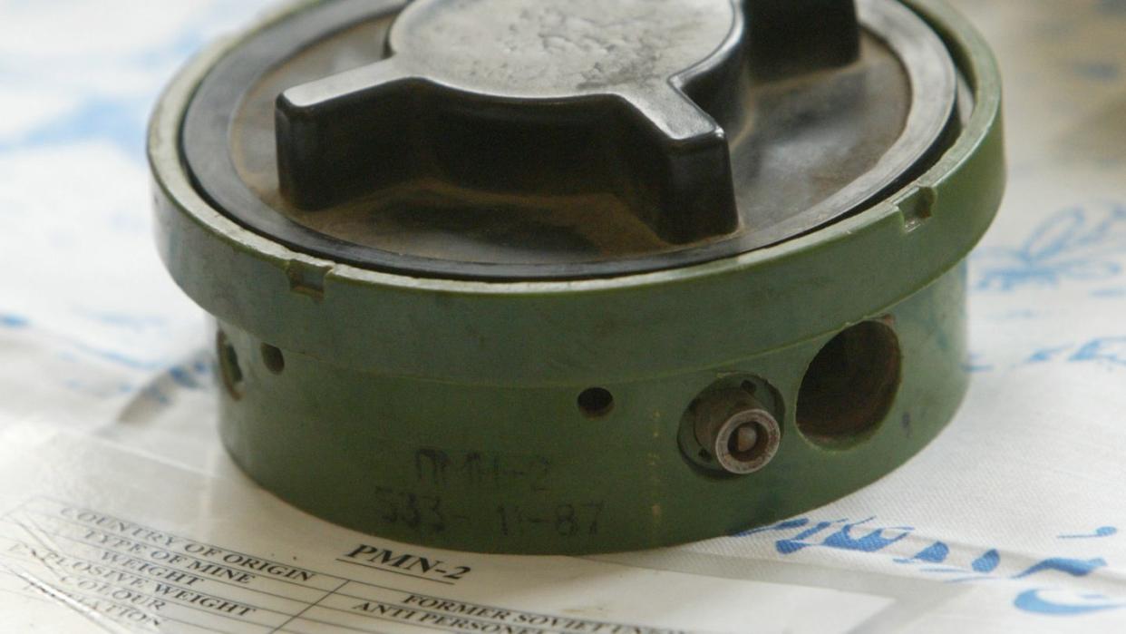 a landmine called pmn 2 on display at the launch of landine action week at the d