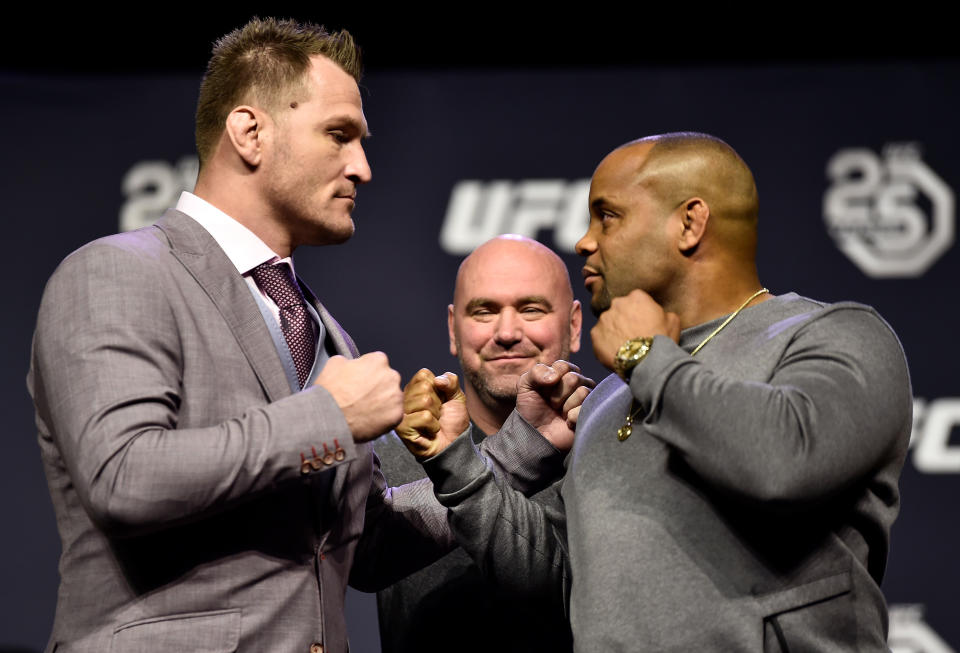 Stipe Miocic’s heavyweight title will be challenged by light heavyweight champ Daniel Cormier at UFC 226. (Getty Images)