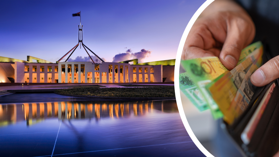 Parliament house in Canberra and $100 notes being removed from a wallet.