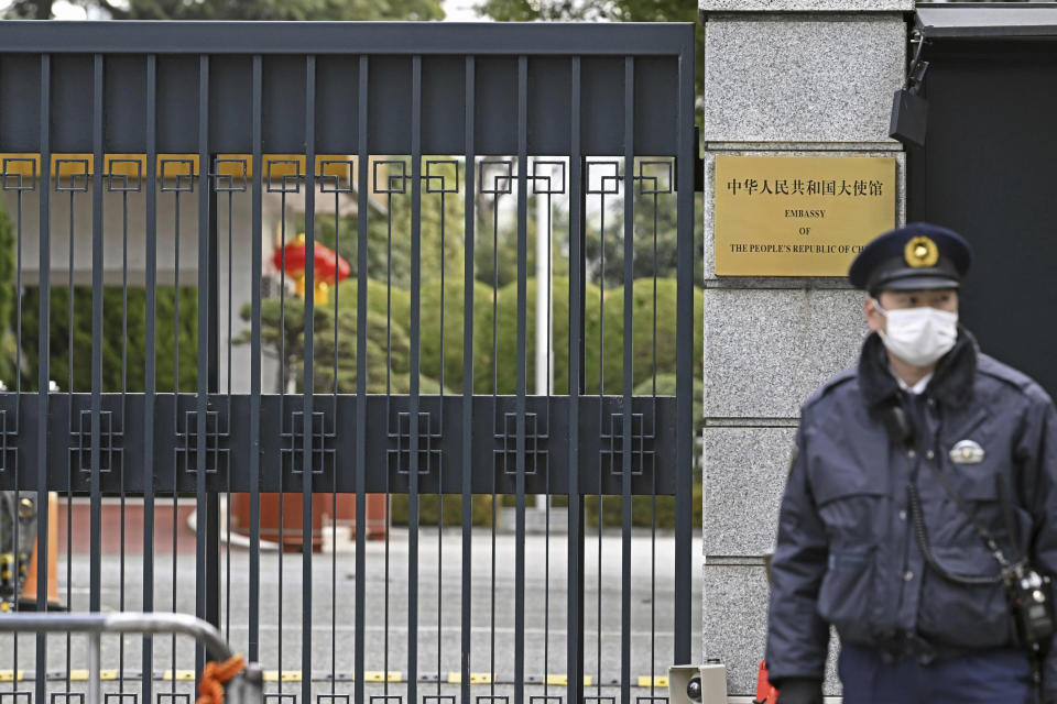 Chinese Embassy is pictured in Tokyo Wednesday, Jan. 11, 2023. Chinese embassies stopped issuing new visas for South Koreans and Japanese on Tuesday in apparent retaliation for COVID-19 travel requirements recently imposed by those countries on travelers from China.(Kazushi Kurihara/Kyodo News via AP)