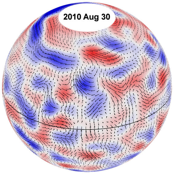 This image shows the paths of giant cell flows on the sun for Aug. 30, 2010. The underlying cell pattern shows westerly winds in red and easterly winds in blue