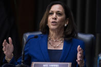 In this June 16, 2020, photo, Sen. Kamala Harris, D-Calif., asks a question during a Senate Judiciary Committee hearing on police use of force and community relations on on Capitol Hill in Washington. Democratic presidential candidate former Vice President Joe Biden has chosen Harris as his running mate. (Tom Williams/CQ Roll Call/Pool via AP)