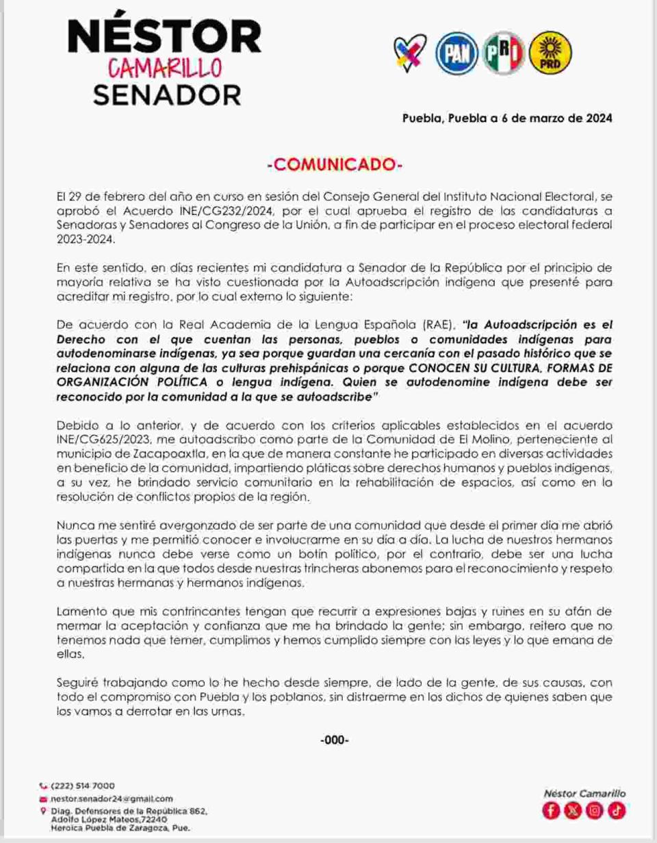 Comunicado de Néstor Camarillo respecto de su candidatura indígena.