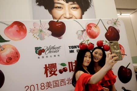 FILE PHOTO: Models take a selfie during a promotional event of Northwest Cherries in Shenzhen