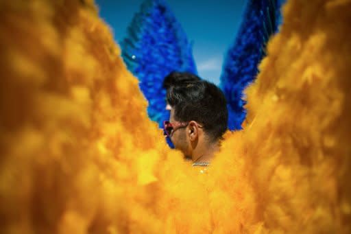 Revelers take part in the gay pride parade at Copacabana beach in Rio de Janeiro, Brazil. Techno music was thumping as tens of thousands hit the streets in Rio Sunday for the annual Gay Pride Parade, which organizers insisted was both a party and political