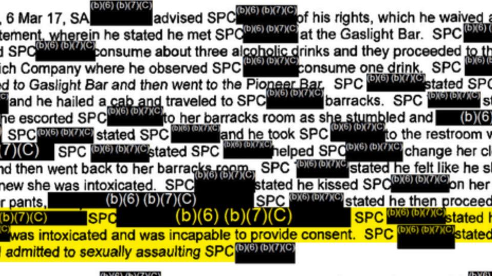 This military agent’s investigation report details allegations made by a soldier that a fellow service member, Tony Thomas, sexually assaulted her in her barracks room in March 2017. (Highlighted by ProPublica)