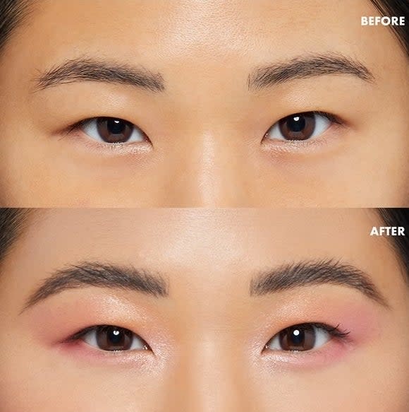 a before and after of a person wearing the brow gel