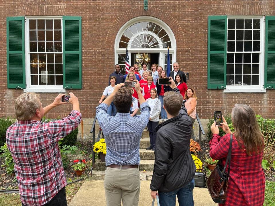 On the front steps of Wickland, Home of Three Governors in Bardstown, GOP nominee for Kentucky governor Attorney General Daniel Cameron joined other Republican candidates at a fall social. Tessa Duvall/tduvall@herald-leader.com