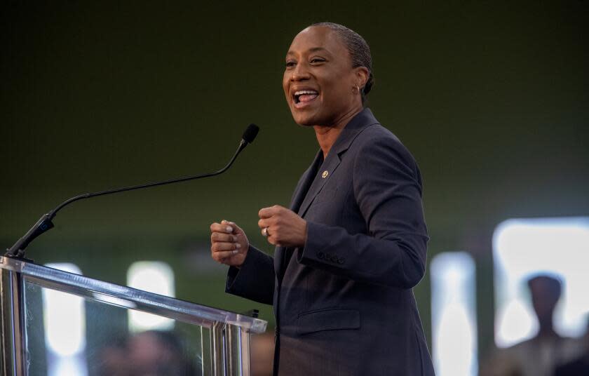 LOS ANGELES, CA-OCTOBER 13, 2023:U.S. Senator Laphonza Butler addresses gathering celebrating the 2nd year of the Roybal School of Film and Television Production Magnet in downtown Los Angeles. (Mel Melcon/Los Angeles Times)