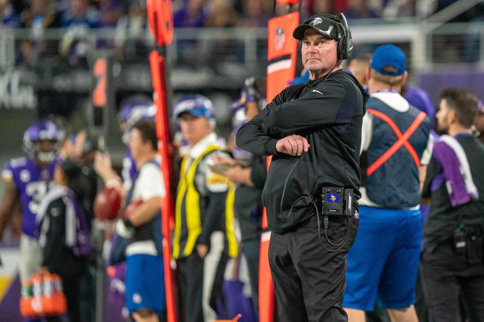 Minnesota Vikings head coach Mike Zimmer looks on in the fourth quarter at U.S. Bank Stadium.