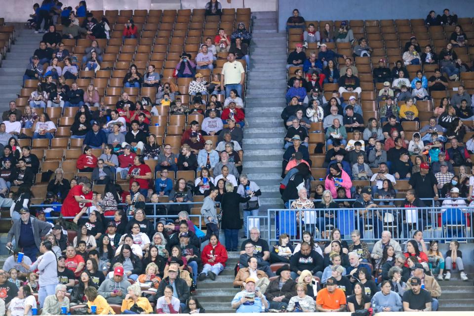 Riverside fans fill the seats before the Class A girls semi-finals game between the the Caddo Bruins and the Riverside Lady Braves at the Jim Norick Arena in Oklahoma City on Friday, March 3, 2023. 