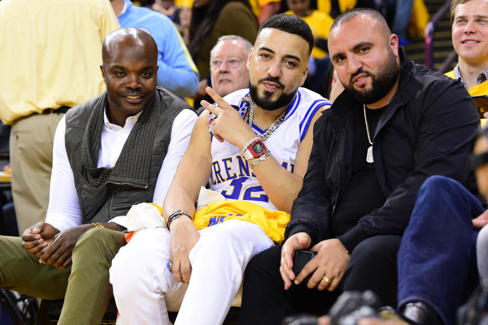 Rapper French Montana attends a game betwen Golden State Warriors and Houston Rockets during Game Two of the Western Conference Semifinals of the 2019 NBA Playoffs on April 30, 2019 at ORACLE Arena in Oakland, California. (Photo by Noah Graham/NBAE via Getty Images)