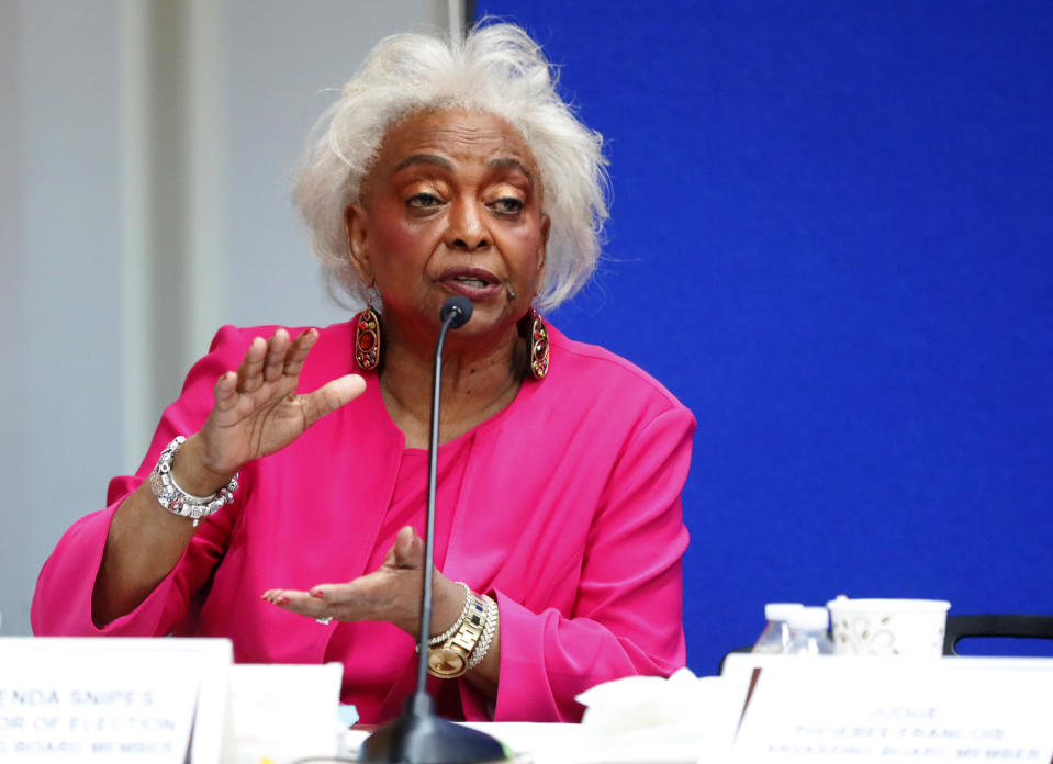 FILE- In this Nov. 12, 2018 file photos, Broward County Supervisor of Elections Brenda Snipes answers questions at the Supervisor of Elections office in Lauderhill, Fla. Snipes is a target for the GOP, including former Gov. Jeb Bush, who appointed her to the post in 2003. Snipes, a Democrat, has been re-elected since then, and is unapologetic about her record. (AP Photo/Wilfredo Lee, File)