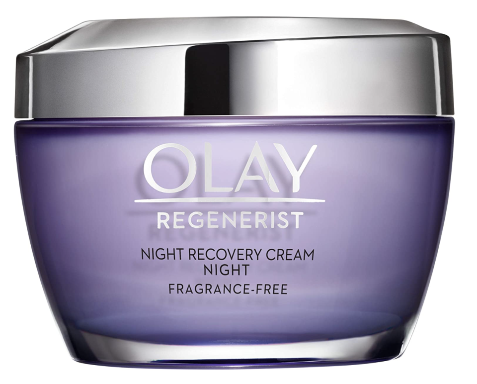 Olay Regenerist Night Recovery Face Cream  in purple and silver jar (photo via Amazon)