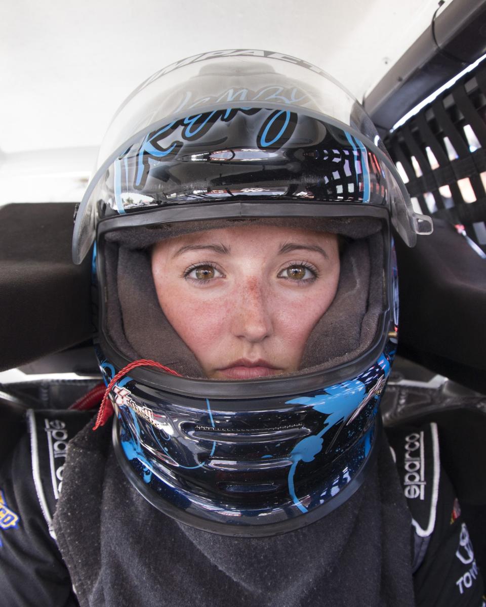 SMITHTON, PA - AUGUST 15: Kenzie Ruston, driver of the #4 L&M Ethanol Toyota, looks on during the practice race for the NASCAR K&N Pro Series East on August 15, 2015 at the Motordrome Speedway in Smithton, Pennsylvania. (Photo by Mitchell Leff/NASCAR via Getty Images)