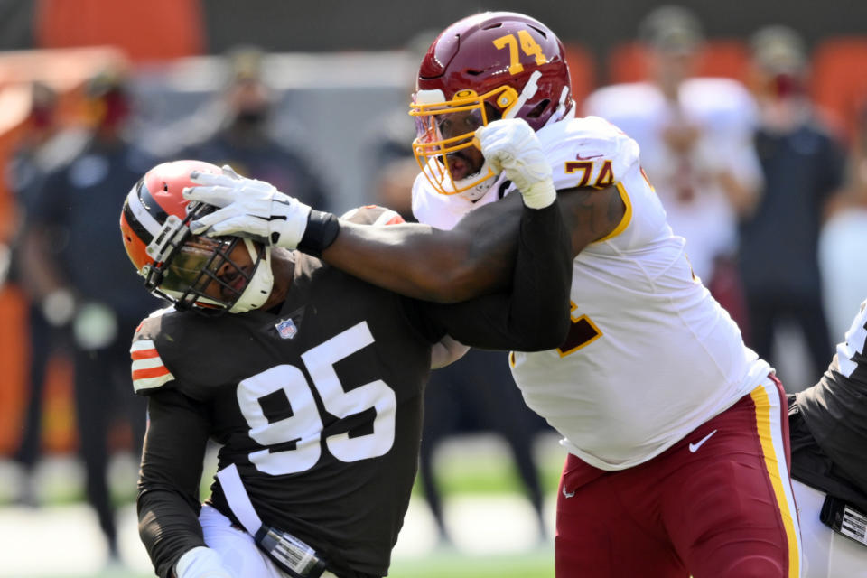 Cleveland Browns defensive end Myles Garrett (95) tries to get past Washington Football Team offensive tackle Geron Christian (74) during the first half of an NFL football game, Sunday, Sept. 27, 2020, in Cleveland. (AP Photo/David Richard)