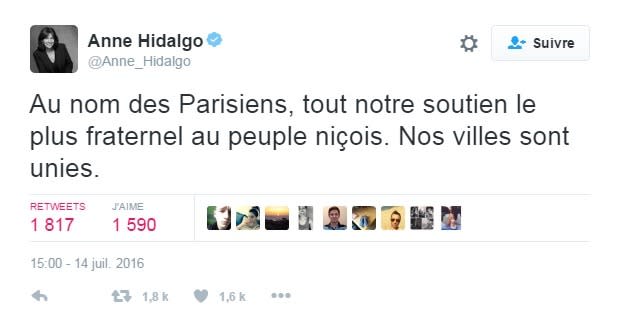 La maire de Paris, Anne Hidalgo (PS) a fait part de son soutien aux Niçois.